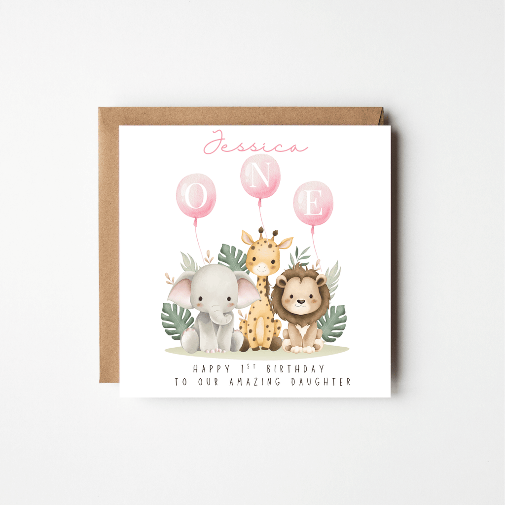Watercolour Animals 1st Birthday Card – Personalised | Pink or Blue