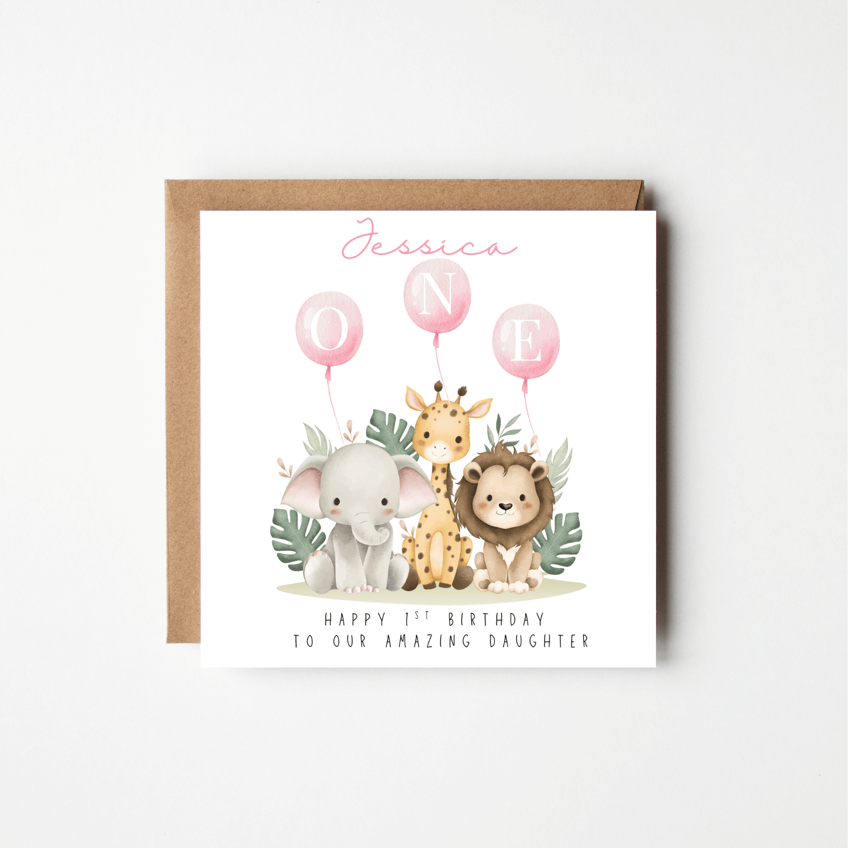 Watercolour Animals 1st Birthday Card – Personalised | Pink or Blue