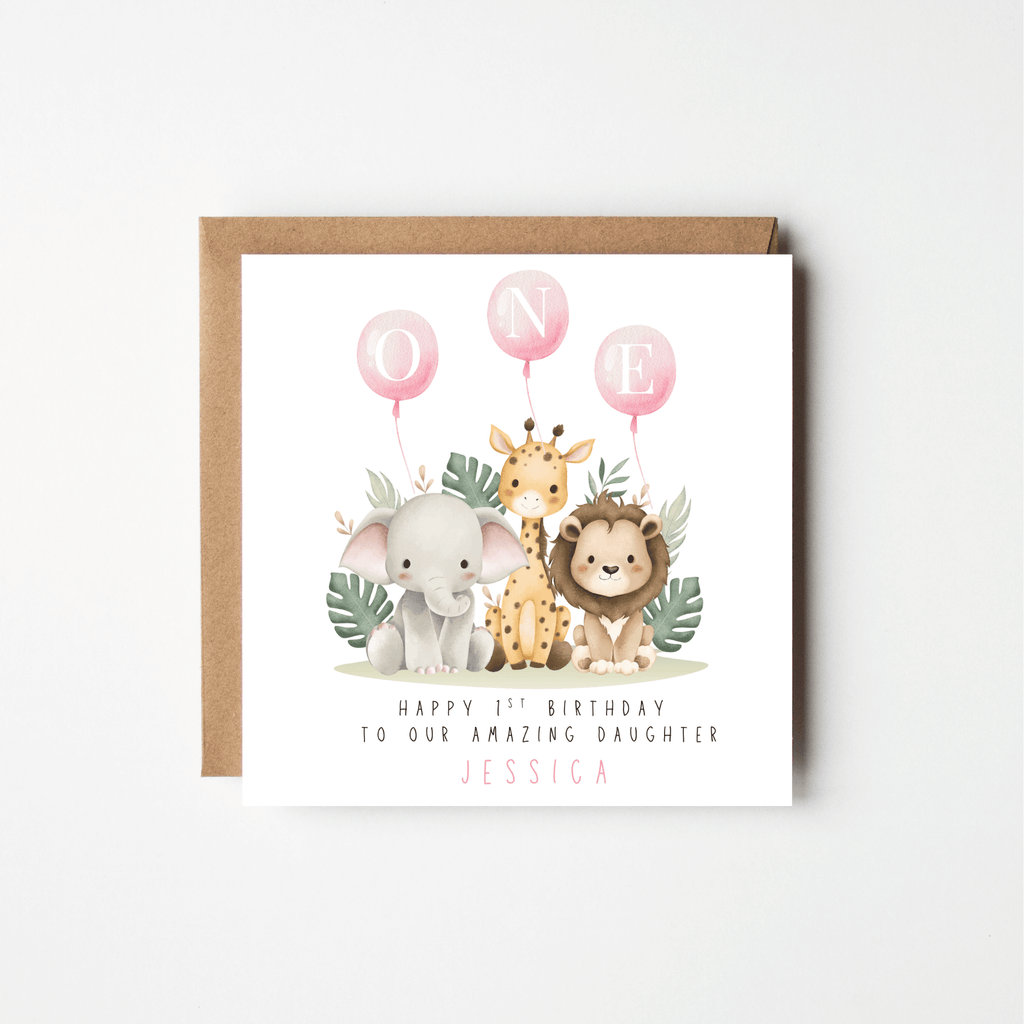 Watercolour Animals 1st Birthday Card – Personalised | Pink or Blue