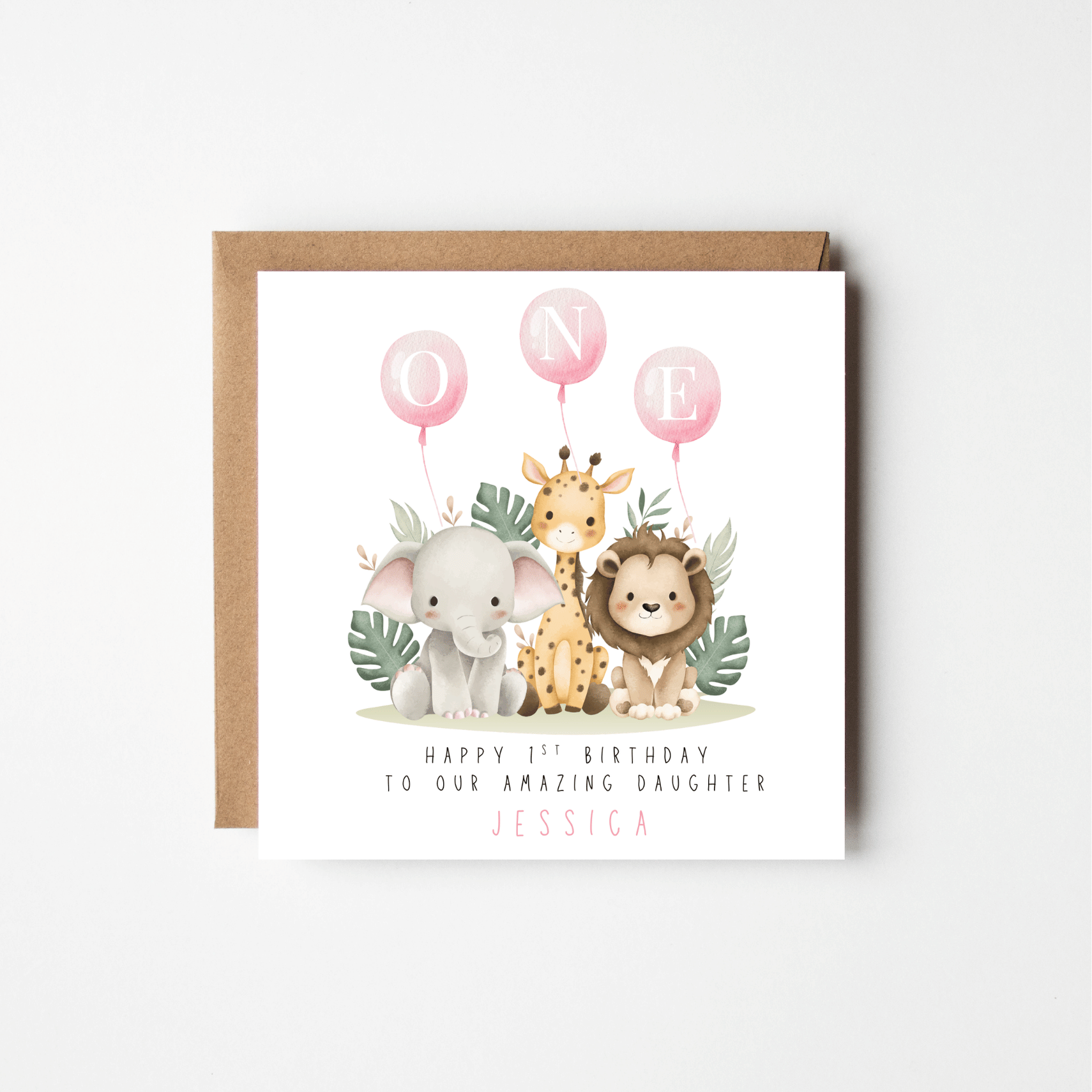 Watercolour Animals 1st Birthday Card – Personalised | Pink or Blue