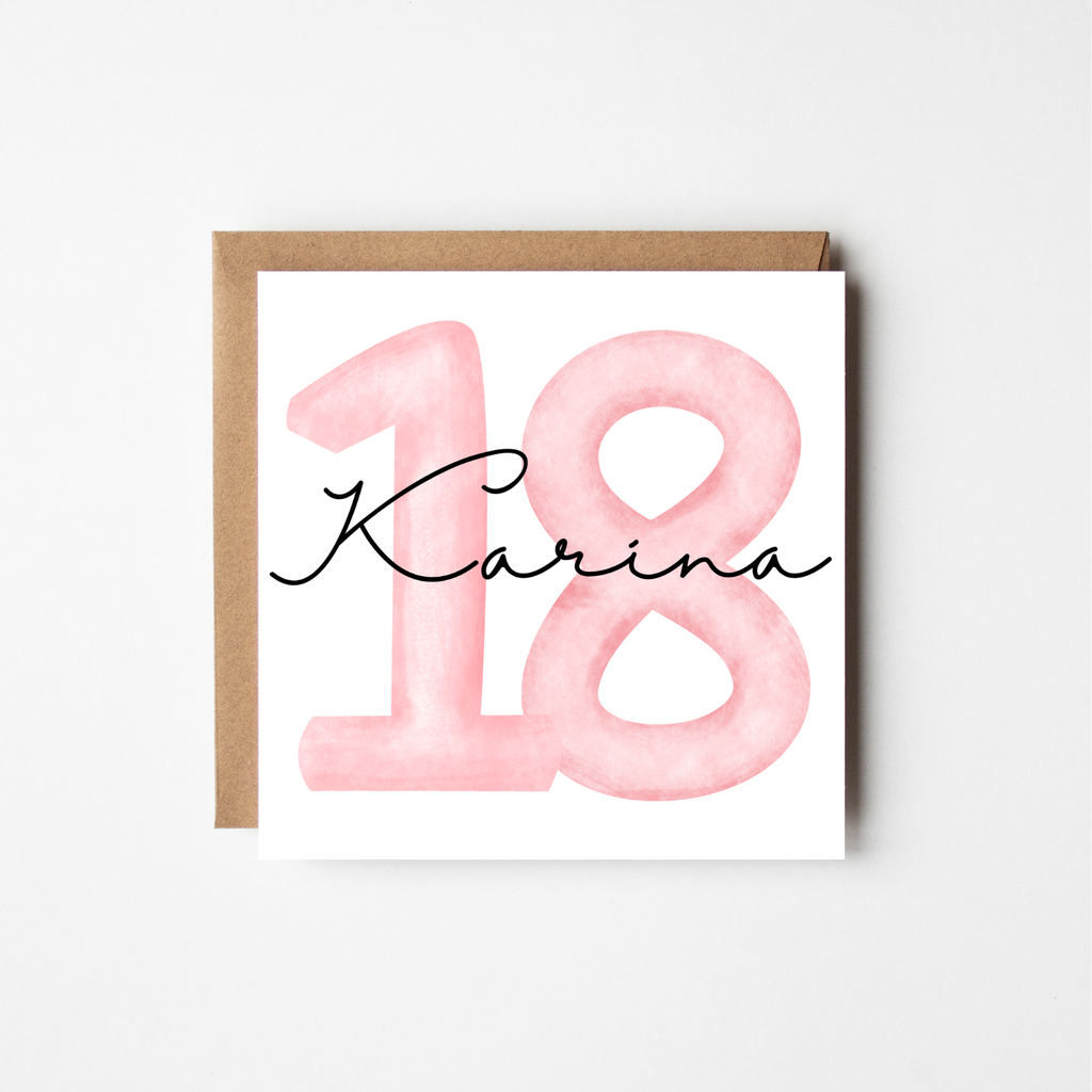 Personalised 18th Birthday Card | Watercolour Numbers & Script Name