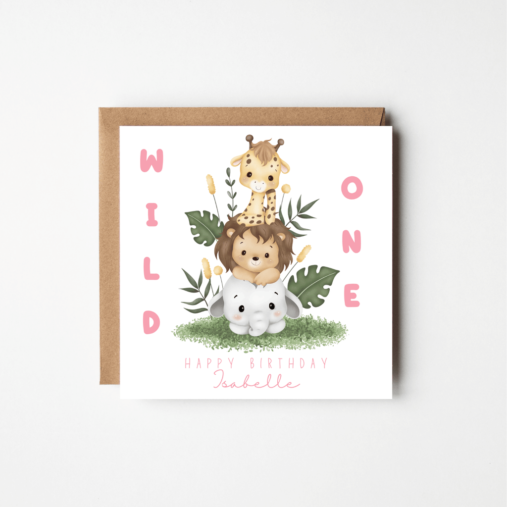 Wild One 1st Birthday Card – Personalised Zoo Animals