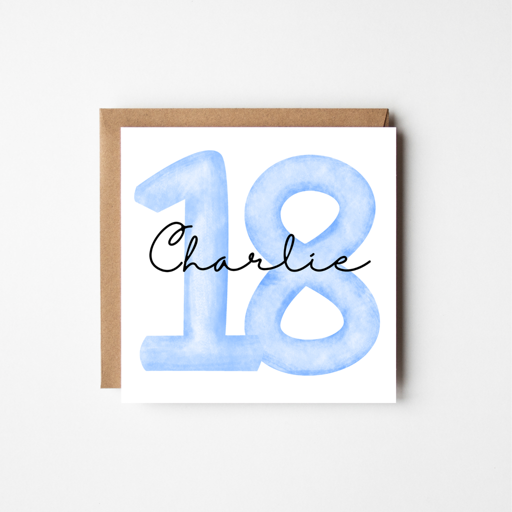 Personalised 18th Birthday Card | Watercolour Numbers & Script Name