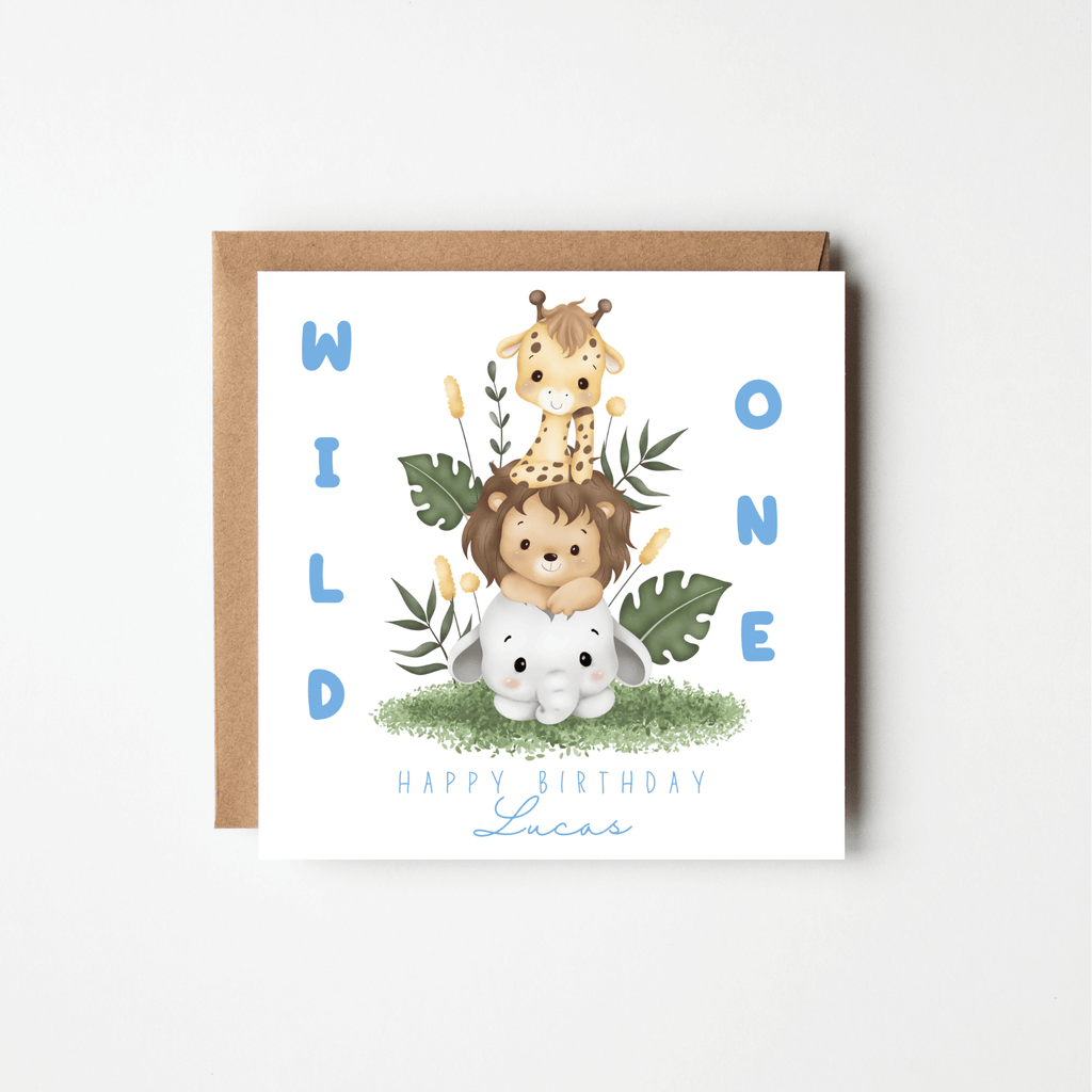 Wild One 1st Birthday Card – Personalised Zoo Animals