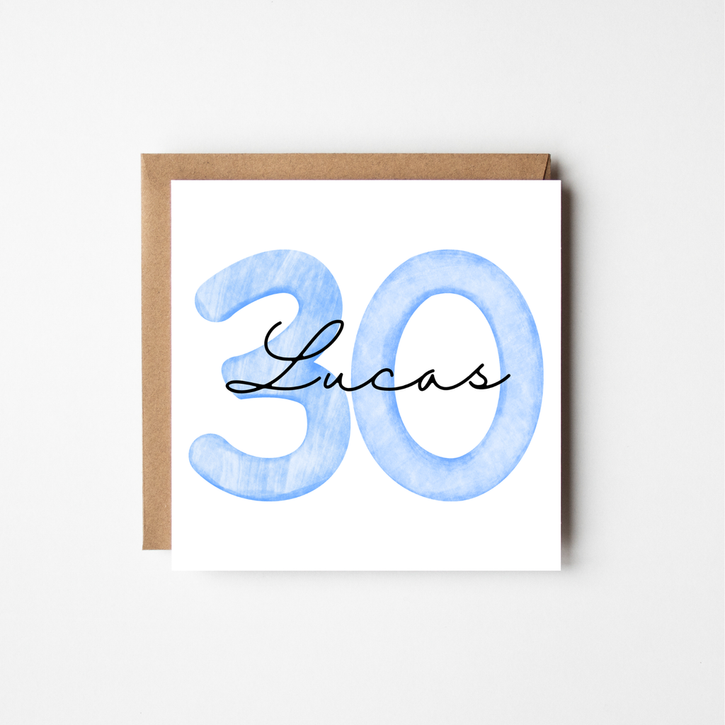 Personalised 30th Birthday Card | Watercolour Numbers & Script Name