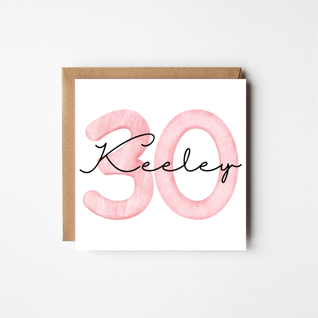 Personalised 30th Birthday Card | Watercolour Numbers & Script Name