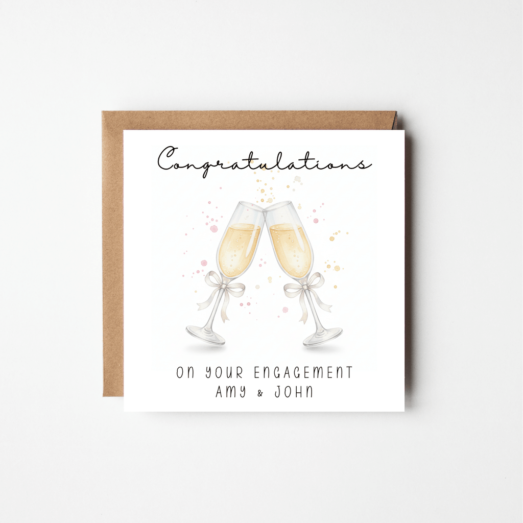 Personalised Engagement Card with Couple's Names – Watercolour Champagne Glasses