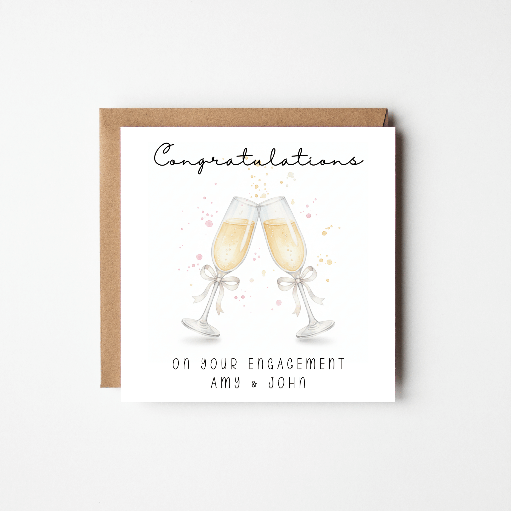 Personalised Engagement Card with Couple's Names – Watercolour Champagne Glasses