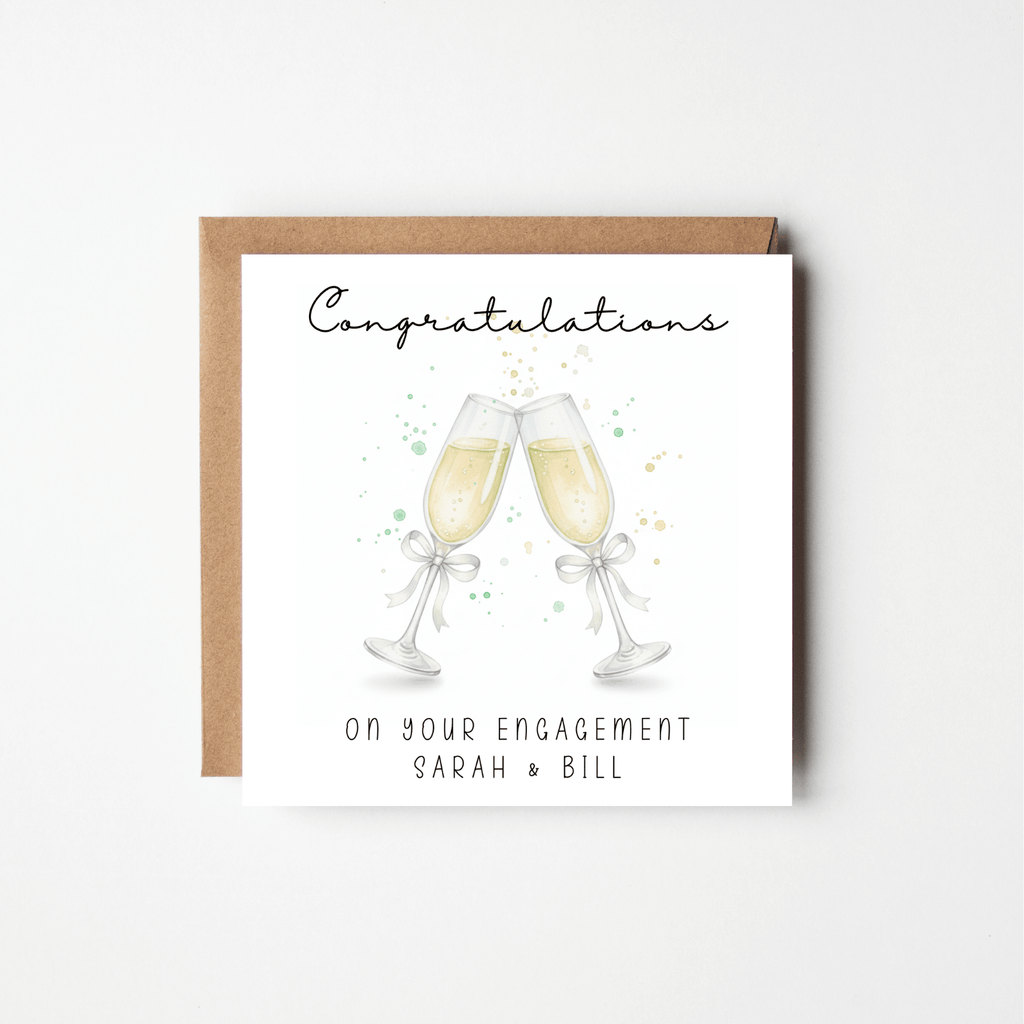 Personalised Engagement Card with Couple's Names – Watercolour Champagne Glasses