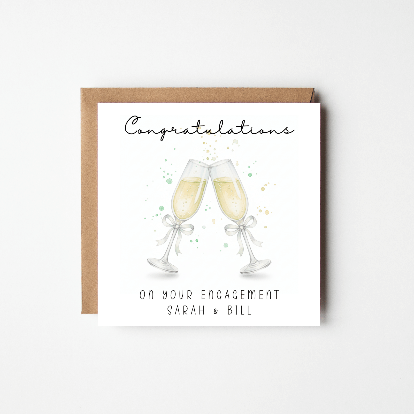 Personalised Engagement Card with Couple's Names – Watercolour Champagne Glasses