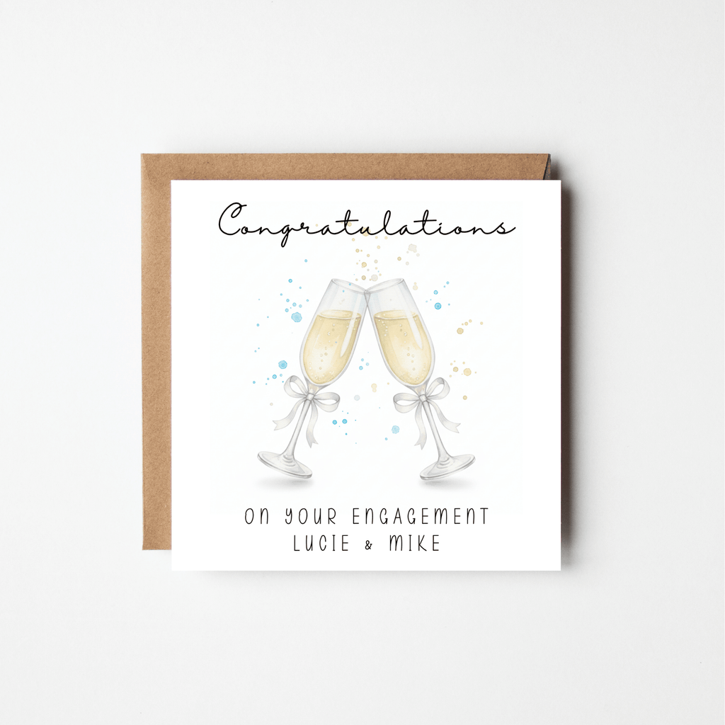 Personalised Engagement Card with Couple's Names – Watercolour Champagne Glasses