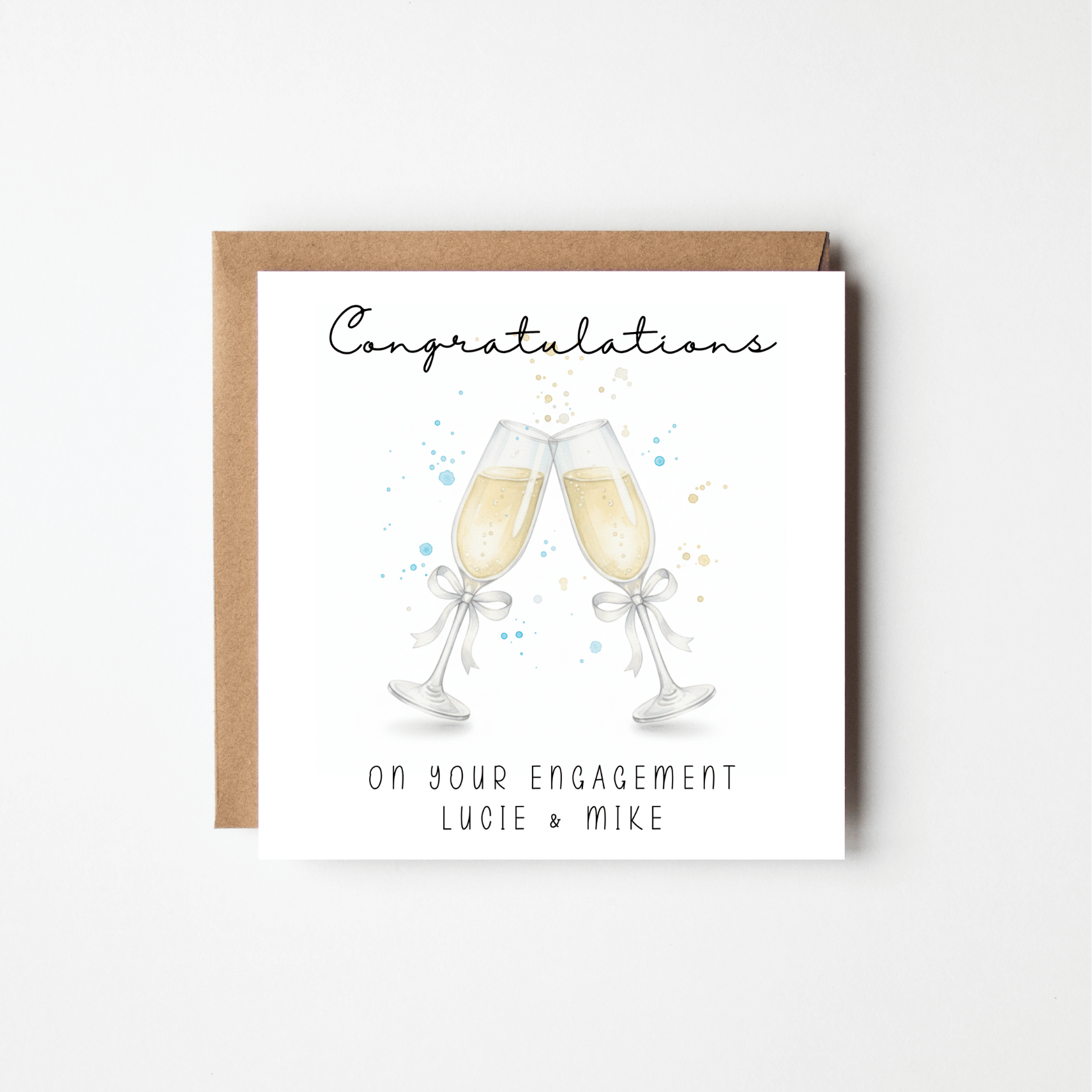 Personalised Engagement Card with Couple's Names – Watercolour Champagne Glasses