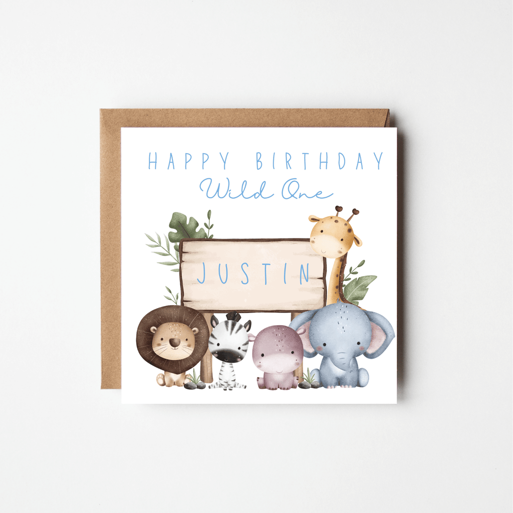 Happy Birthday Wild One 1st Birthday Card – Personalised Safari Animals