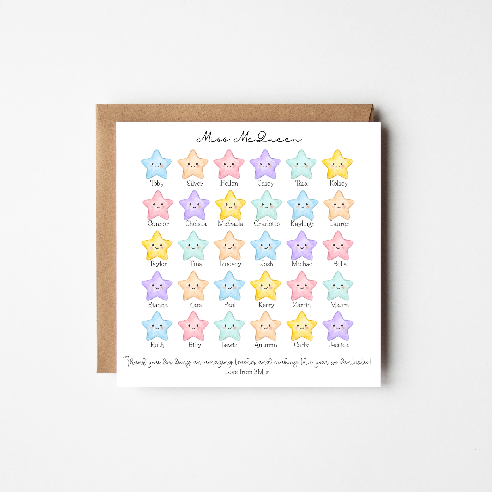 From the Whole Class – Personalised Watercolour Stars Teacher Thank You Card